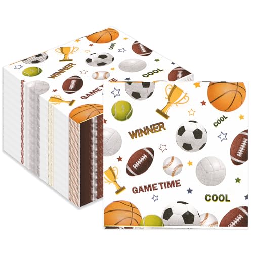 50PCS All Star Sports Themed Party Paper Napkins, 6.5" Disposable Baseball Football Soccer Basketball Volleyball Luncheon Napkins Party Supplies for Birthday Sports Events Celebrations Decor