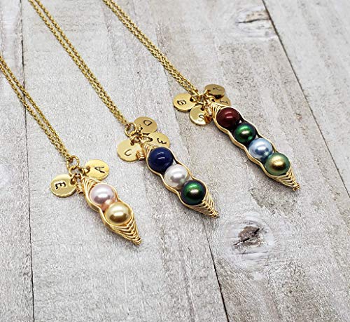 Gold Personalized Peas in a Pod Necklace with Initials, 1, 2, 3, 4 Peas in a Pod Necklace with Initials, Swarovski Birthstone Pearl Peas in a Pod Necklace