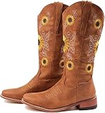 SO SIMPOK Womens Embroidered Sweet Sunflower Cowboy Cowgirl Boots Retro Western Chunky Heels Mid Cal
