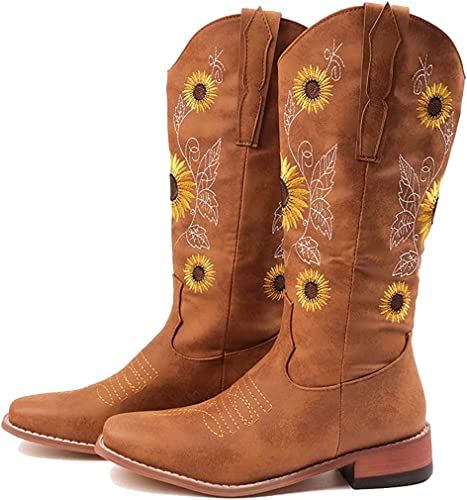 So Simpok Womens Embroidered Sweet Sunflower Cowboy Cowgirl Boots Retro Western Chunky Heels Mid Calf Boots Brown #TOP7