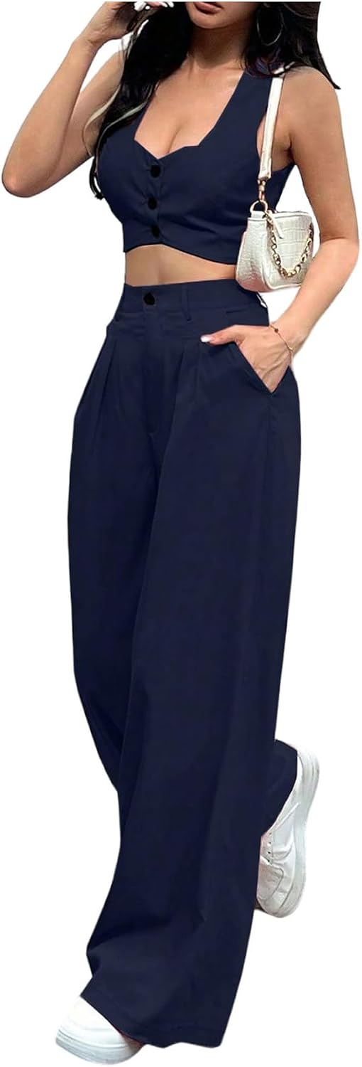 SweatyRocks Women's 2 Piece Outfits Button Front Sleeveless Crop Top and Straight Leg Pants Set