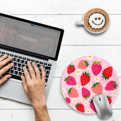 Image of Gctriki Strawberry Mouse Pad, with Stitched Edge Non-Slip Rubber Base, Small Round Comfortable Computer Mousepad for Laptop Gaming Work, Pink Office Desk Accessories for Her