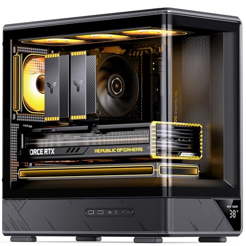 JONSBO D200 Black Micto ATX PC Case,Digital Screen, One-Piece Curved Glass Desktop Design 270° Ultra-Wide View,ATX Power supply/Dual240 AIO,GPU<410mm,7 Fan Positions, Black