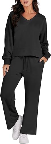 ANRABESS Conjunto de dos piezas para mujer, conjunto de manga larga con cuello en V y pantalones de pierna ancha