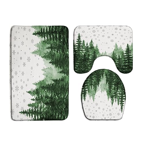 GCTNBJL Christmas 3 Piece Bath Mat Sets,Green Pine Tree Snowflake