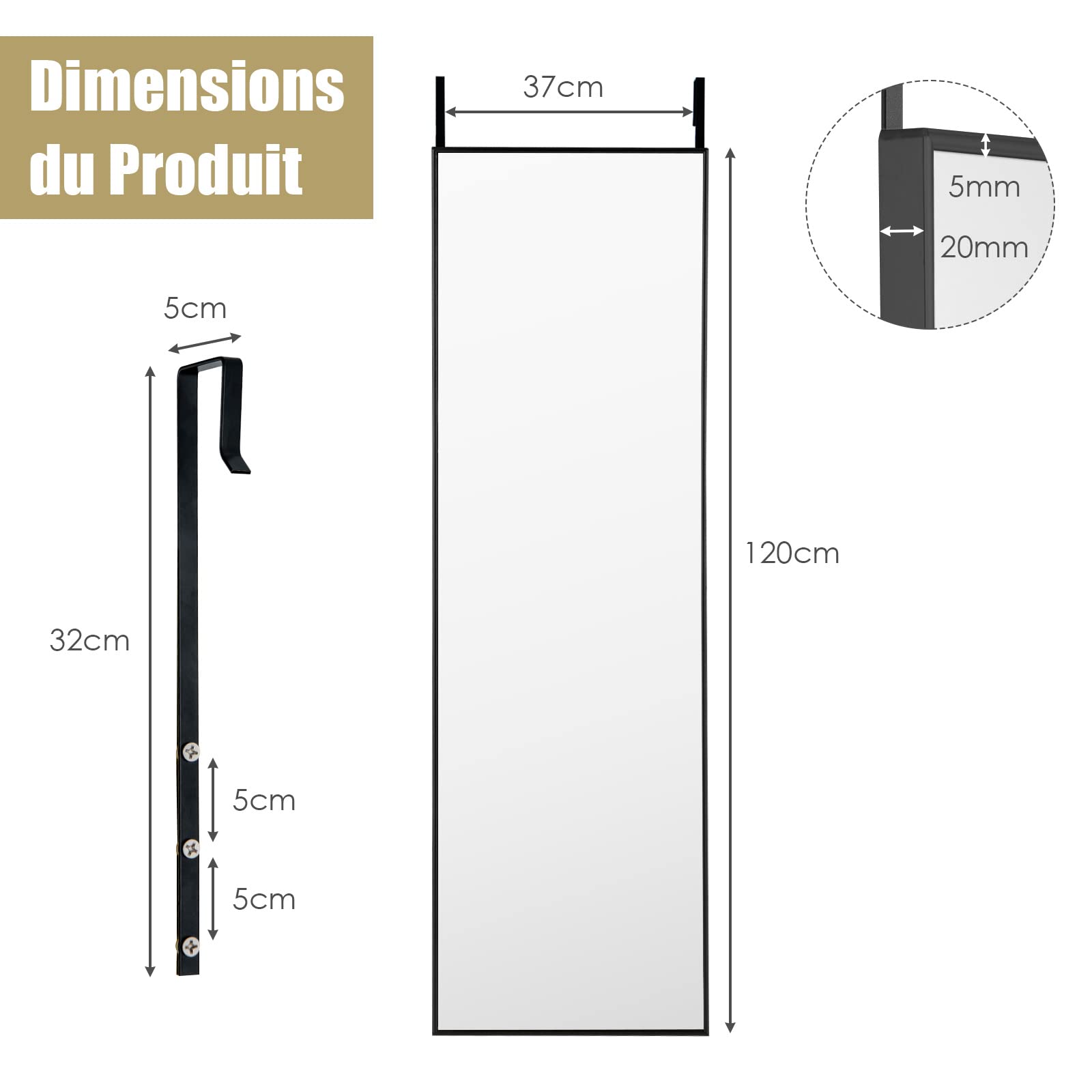 COSTWAY Miroir 120 x 37 cm Au-Dessus de la Porte, Miroir Pleine Longueur Cadre en Alliage d'Aluminium et Verre Incassable, Crochets pour Vestiaire Chambre Salon (Noir)