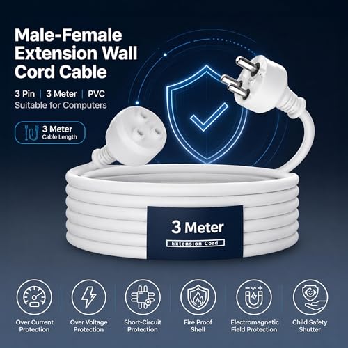 Image of Electronic Spices 3 Meter 3 Pin Heavy Duty Power Extension Cable | Male to Female Extension Cord for Home Appliances, Electronics & Tools
