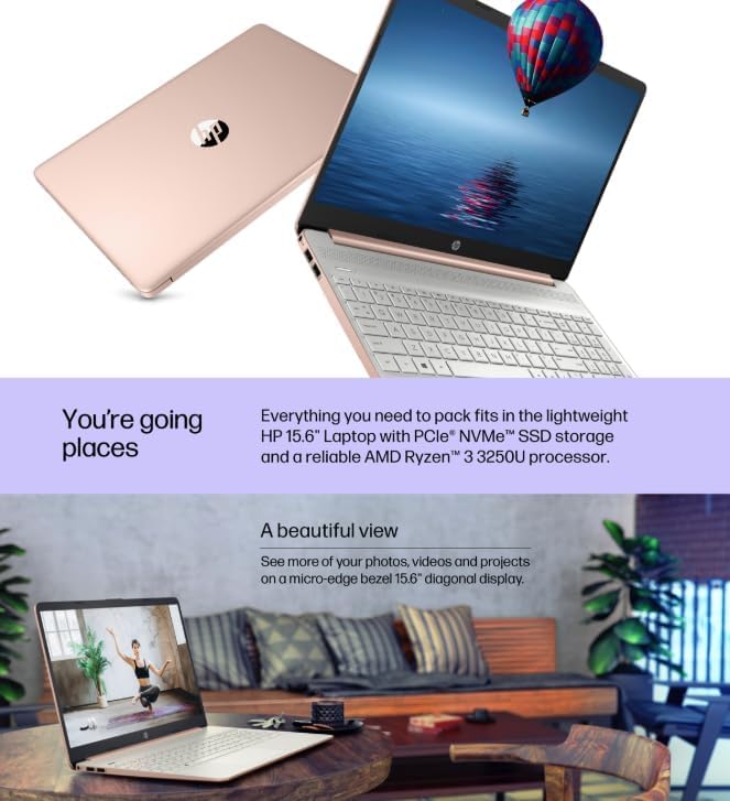 Image of HP 15.6 inch Rose Gold Laptop with Wireless Mouse & Earbuds, AMD Ryzen 3 Core, Fingerprint Reader, Long-Lasting Battery, Win11 (Rose Gold, 16GB RAM | 1TB SSD)