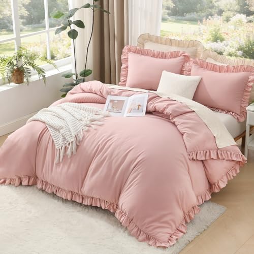 Image of Litanika Full Size Comforter Sets, 3 Pieces Blush Pink Ruffle Girls Women Cute Bedding Comforters & Sets, Lightweight Fluffy Microfiber as Gift (79x90In Comforter & 2 Pillowcases)