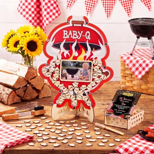 Image of Wenqik 63 Pcs BBQ Baby Shower Guest Book Alternatives Set Baby Shower Decorations with Photo Frame Sonogram Frame Keepsake 60 Wood Slices Guest Book for Birthday