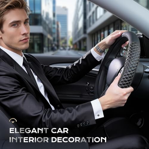 Image of Coverado Car Steering Wheel Cover, Nappa Leather Black & Grayline Steering Wheel Covers, Universal 14-15 inch, Anti-Slip, Breathable Steering Wheel Protector for Women Men