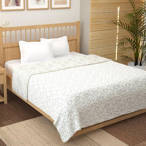 Image of Story@Home AC Comforter King Size Cotton 100% | 150GSM 225 x 240 CM Quilt AC Blanket for Summer | AC Dohar Double Bed | White & Ivory, Leaves & Abstract Reversible Design Duvet | All-Season Blanket