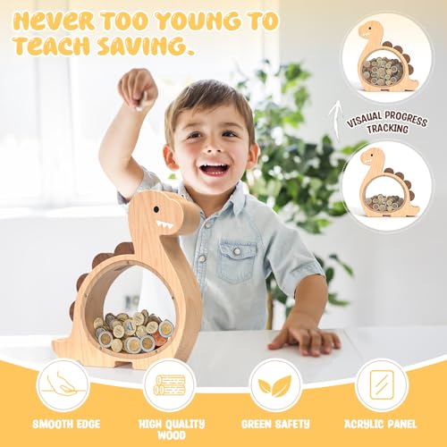 Summidate Wooden Dinosaur Piggy Bank for Kids Boys, Cute Wood Dino Money Bank for Toddlers, Creative Saving Coin Jar, Personalized Present for Child Birthday & Decor - Image 4