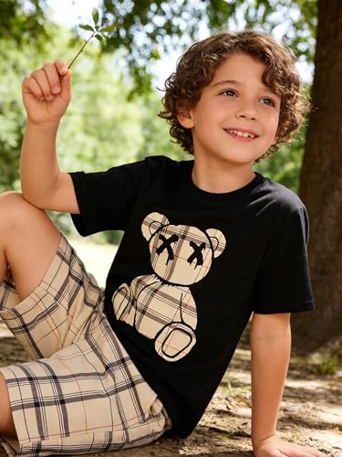 Image of KIDLAGA Kids Toddler Boy Clothes Outfits Bear Print Tee + Plaid Shorts 2 Pieces Summer Shorts Set
