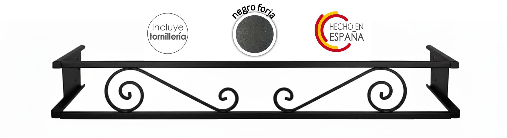 Balconcillo para Macetas y Plantas Extensible 100-140 cm, Portamacetas Ventana Decorativo, Protector de macetas Exterior, Modelo Volutas, Acero Inoxidable, Negro Forja
