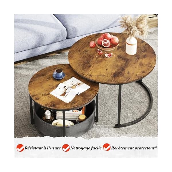 WLIVE Table Basse Rondes, Lot de 2 Tables Basses gigognes, Style Moderne, Design Industriel, 80/60cm pour Salon (Marron)