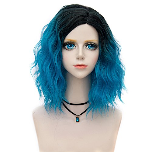 Lolita Black mix Blue Ombre Short 14 Inches (35CM) Wavy Party Lady Cosplay Wig + Wig Cap