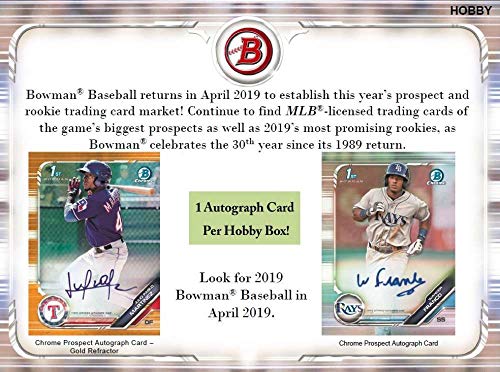 2019 Bowman Baseball Hobby Box (24 Packs/10 Cards: 1 Autograph)