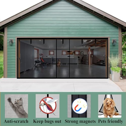 Image of Magnetic Door Screen Black 16x8ft for 2 3 Car Carport Garage Patio Porch | Retractable Fiberglass Privacy Mesh, Weighted Bottom, Kids & Pets Friendly, Easy Installation, Windproof, Repair Pieces