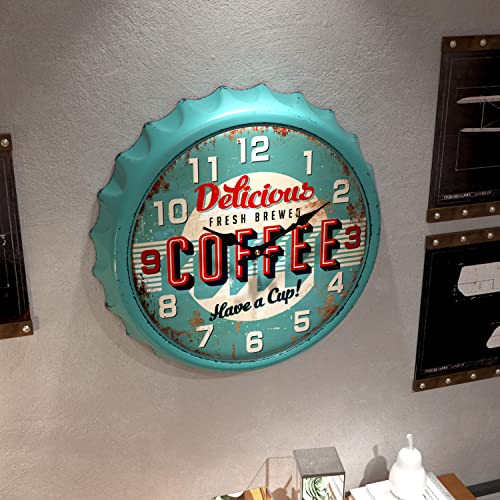 Menterry Bottle Cap Design Iron Retro Wall Clock, 13 Inch Vintage Craftsmanship Style, Silent Non-Ticking Battery Operated Creative Decor Wall Clocks For Cafes,Farmhouse,Office,Kitchen,Home (Blue) #TOP3