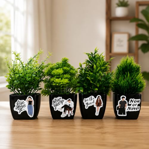 Image of Artificial Plant with Pot (Pack of 4) | Motivational Pots Small Faux Plants for Home, Office Desk, Bedroom, Living Room, Study Table & Shelf Decor