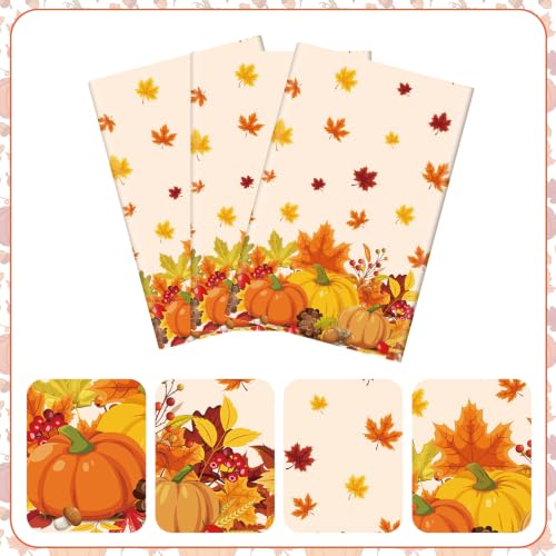 3 Pcs Thanksgiving Tablecloth, Plastic Disposable Fall Table Cloth, Autumn Pumpkin Maple Leaves Friendsgiving Table Cover for Harvest Festival Fall Thanksgiving Party Decorations, 54 x 108 Inch - image 3