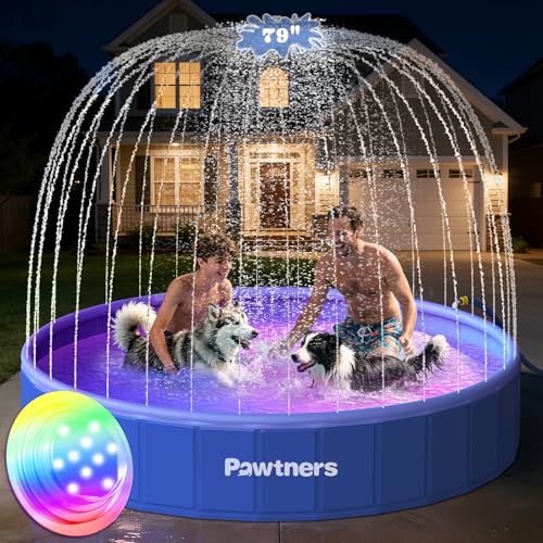 Pawtners-79-Foldable-Dog-Pool-with-Sprinkler-RGB-LED-Light-Collapsible-Hard-Plastic-Swimming-Pool-for-Small-Large-Dogs-Cats-and-Kids-Portable-Pet-Bathing-Tub-Wading-Pool-for-Backyard-Camping-Blue Pawtners 79" Foldable Dog Pool with Sprinkler & RGB LED Light, Collapsible Hard Plastic Swimming Pool for Small Large Dogs Cats and Kids, Portable Pet Bathing Tub Wading Pool for Backyard Camping Blue - Image 1