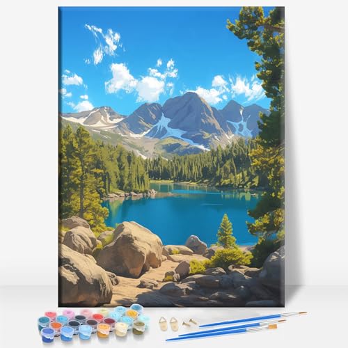 HUINORYA Blue Lakes Trail Area Colorado Framed Canvas DIY Paint by Numbers Kit Bar Cafe Cave Home Room Wall Bathroom Porch Patio Decor Gift, 16 x 12 Inch