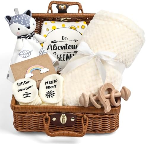 Neugeborenen Geschenk, 7-in-1Baby Geschenkset für Jungen Mädchen: Baby Decke,Schmusetuch, Holzrassel mit Elefant, Lätzchen,Socken in Geschenkbox|Baby Geburt Geschenk, Babyparty Ide