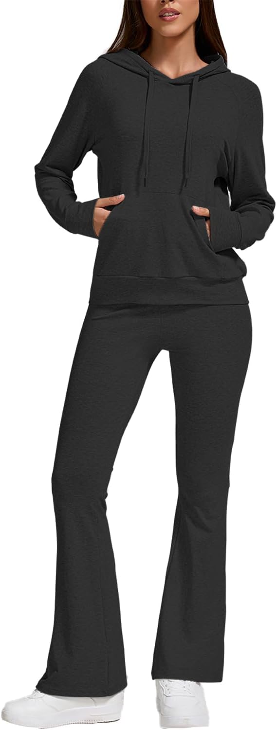 ZFLM Women's 2 Piece Sportswear Set Casual Sweatsuit Long Sleeved Drawstring Foldover Flared Sweatpants Tracksuit Streetwear
