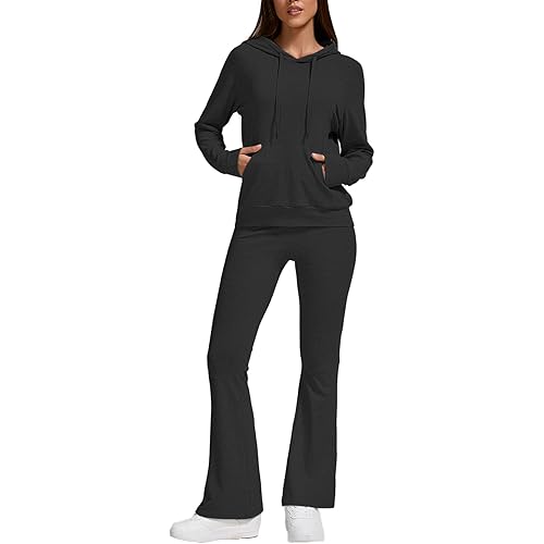 ZFLM Women's 2 Piece Sportswear Set Casual Sweatsuit Long Sleeved Drawstring Foldover Flared Sweatpants Tracksuit Streetwear