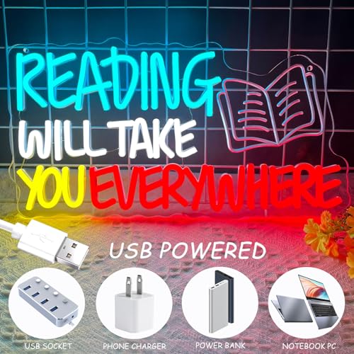 Image of Read Neon Sign Reading Will Take You Everywhere Neon Signs, Read Books Neon Light for Wall Decor, Dimmable Student LED Neon Light Up Sign for Classroom Bedroom Bookstore Library Study Room Decoration Kids Presents