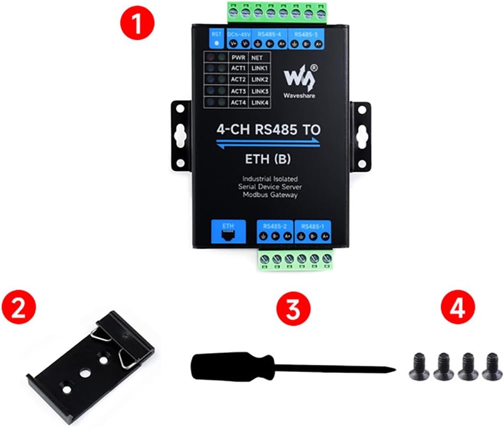 4-Ch RS485 to RJ45 Ethernet Serial Server 4 Channels RS485 Independent Operation Modbus Gateway Industrial Isolated Serial Module Bi-Directional Transmission
