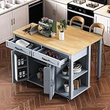 47" Kitchen Island with Extendable Dining Table, Rubber Wood Veneer Kitchen Table, Rolling Kitchen Island Cart on Wheels with 2 Storage Drawers, Power Outlet and Internal Storage Rack, Grey Blue