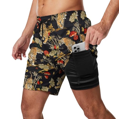 micidad Mens Tiger Swim Trunks with Compression Liner Quick Dry Stretch Waist Running Athletic Gym Beach Shorts, 3X-Large
