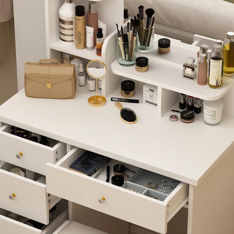 Image of Modern Vanity Dressing Table with Mirror, 4 Storage Drawers, White Finish