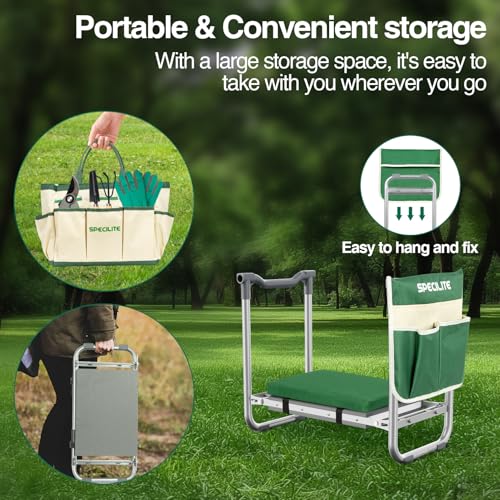 SPECILITE Garden Kneeler and Seat with Kneeling Pad,Heavy Duty Foldable Gardener Stool with 2 Tool Pouches,Anti- Knee and Back Pain, Gardening Gifts for Women,Men Senior