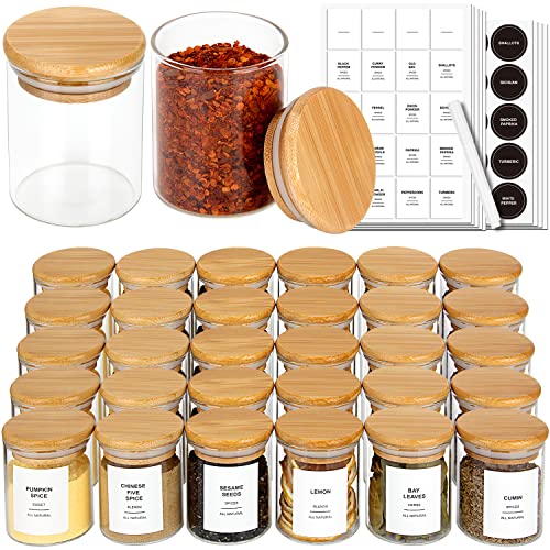 JuneHeart 12 PCS Glass Spice Jars with Bamboo Lids and 333 Waterproof Labels, 4oz Clear Food Storage Containers for Kitchen Sugar Salt Coffee Beans