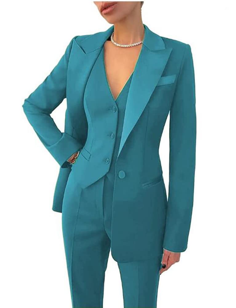 Leader Of The Beauty Women's Turquoise 3 Piece Office Work Blazer Vest Pants Business Pants Suit Set Prom Party Suit