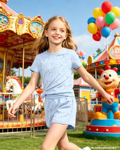 Image of Bestuline Girls Summer 2 Piece Outfits,Basic Short Sleeve Top & Shorts Set with Side Pockets,4-14Y
