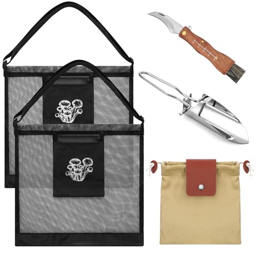 Bulyoou 5 Pcs Mushroom Foraging Kit Includes Mushroom Hunting Bag Waxed Canvas Foraging Bag Knife Brush Steel Shovel for Harvesting Christmas Gift for Outdoor Lovers Picking