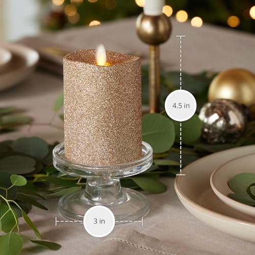 Image of Luminara Realistic LED Moving Flame Pillar Candle, Gold Metallic Glitter, 3 inch x 4.5 inch Inch, Battery Operated w /Remote, Indoor Outdoor, Timer Function