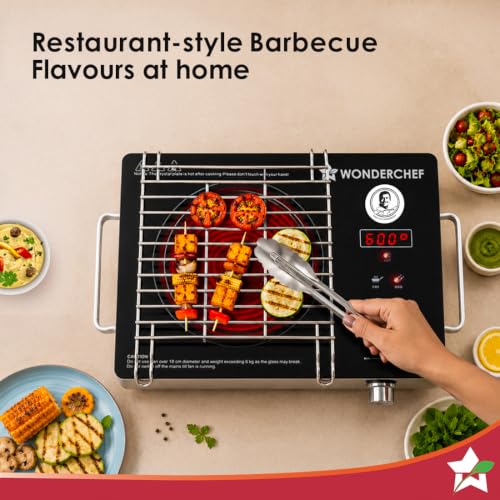 Image of Wonderchef Evita Neo Infrared Electric Cooktop with Crystal Glass for Kitchens, 2200W, BBQ Grill Included, 4 Pre-set Functions, Compatible with Steel, Ceramic, Cast-iron, Aluminium, 2-Yr Warranty