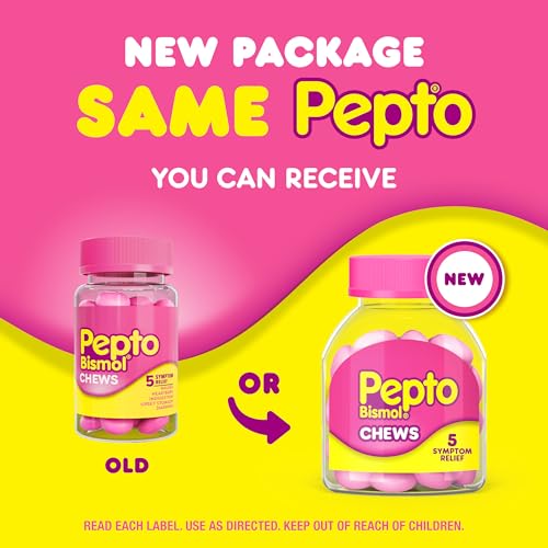 Image of Pepto Bismol Chews, Upset Stomach Relief, Nausea Relief, Heartburn Relief, Indigestion Relief, Anti Diarrhea Medication for Adults - 5 Symptom Fast Relief, 72 Chewable Tablets (3x24 ct)