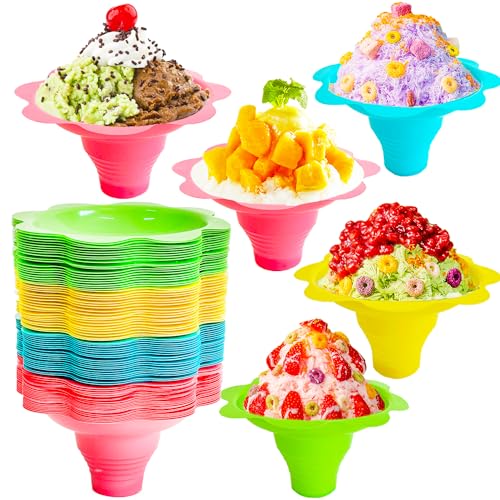 Alaeseje 100 tazas de cono de nieve, tazas de hielo afeitadas en forma de flor, cuencos de plástico para conos de nieve de 4 onzas para fiestas de niños,...