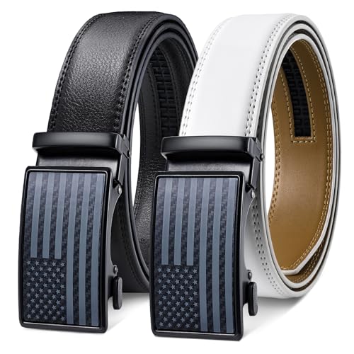 SANSTHS Ratchet Belts for Men 2 Pack, Mens Belts Leather for Dress with Adjustable Slide Buckle, Gift for Him 1 3/8