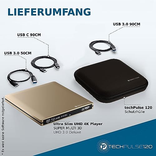 techPulse120 Externes UltraHD UHD 4k 3D M-DISC BDXL HDR10 100GB USB 3.0 & USB-C Laufwerk Bluray Brenner Burner Superdrive UltraSlim BD DVD CD Ultra Paket Tasche 90cm Anschlusskabel Aluminium Gold – Bild 7