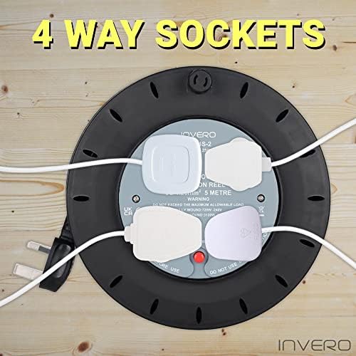 Invero® 4 Way Mains Socket with 5M Extension Lead Reel Cable - Heavy Duty British Approved 13A ideal for Workshops Home Use DIY and more - 5 Meter