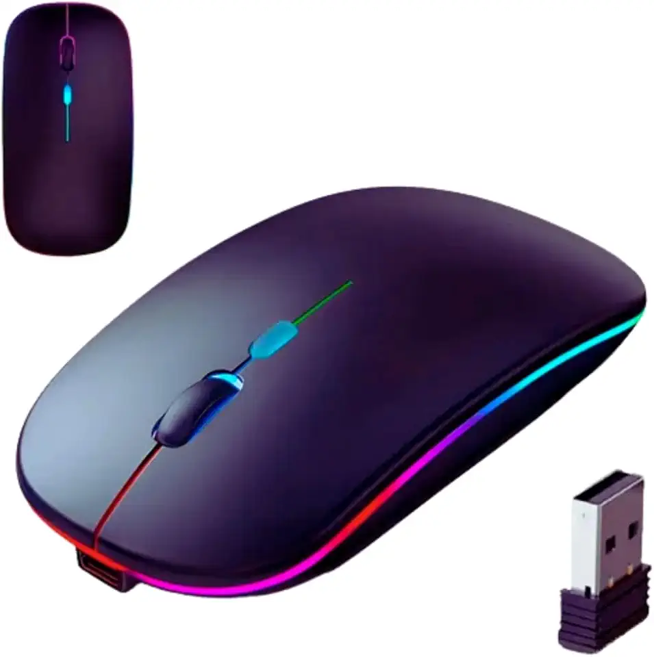 Mouse Sem Fio Recarregável RGB – Bluetooth + 2.4GHz, Silencioso, Ergonômico, Alta Precisão, Bateria de Longa Duração, Iluminação Colorida para PC, Notebook, Escritório, Celular, Tablet e Gaming