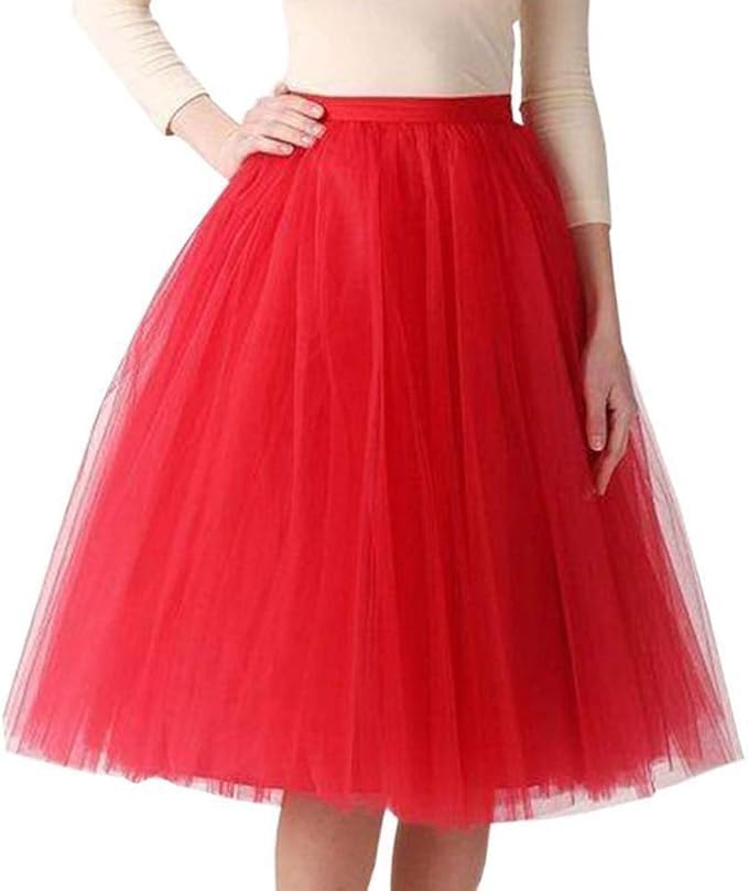 roter rot Tüllrock Damen Midi Petticoat 50Er Karneval Tütü tüll Rock Kostüm Retro 3-Lagig Retro Tutu Ballett Knielang Lang Unterrock Halloween...